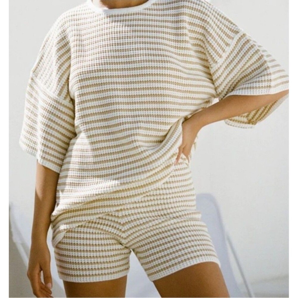Sabo Beige Stripe Knit Two-Piece High Waisted Lounge Resort Vacation Short Set-S